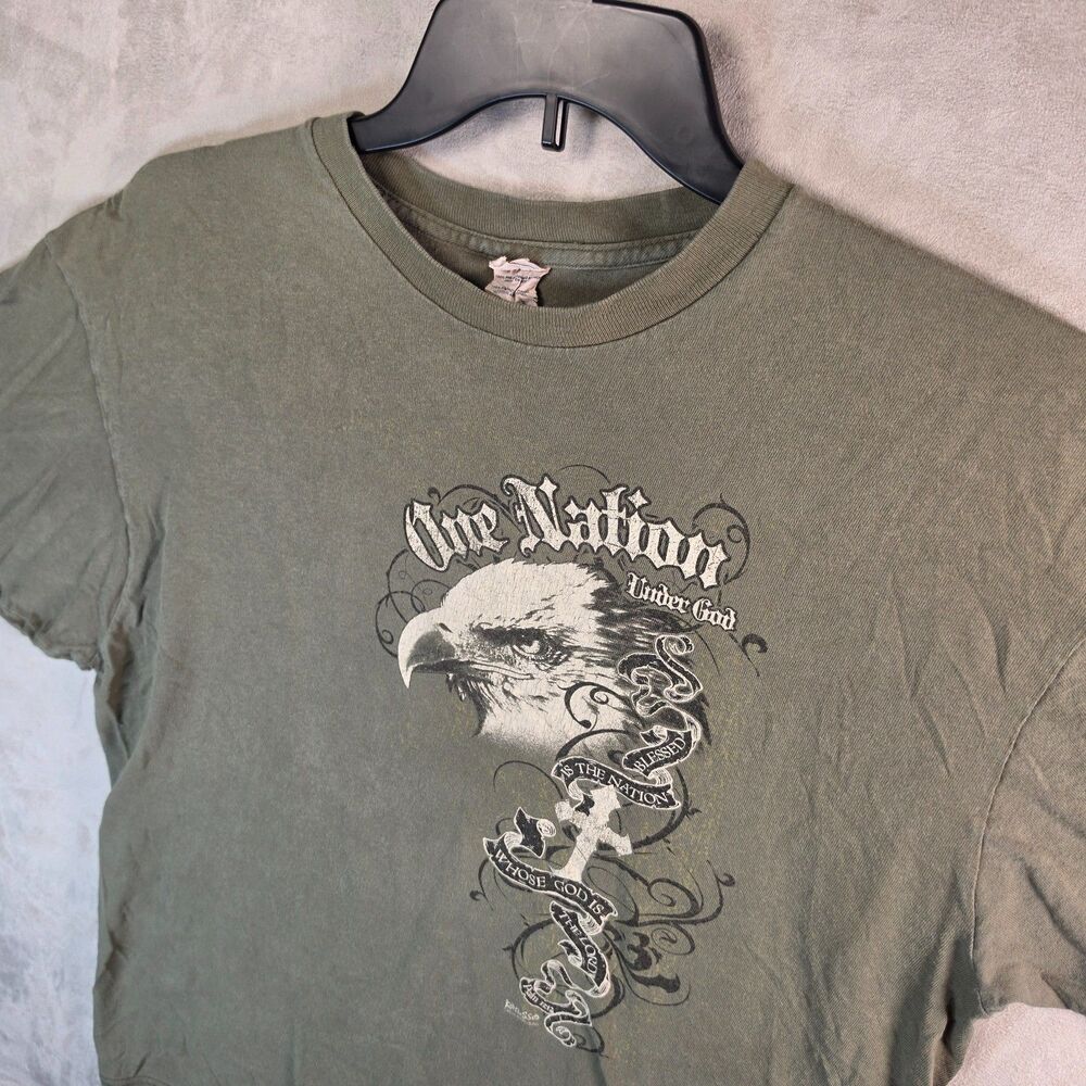 Vintage Y2K Olive Green Distressed Kerusso One Nation Under God Eagle Graphic x